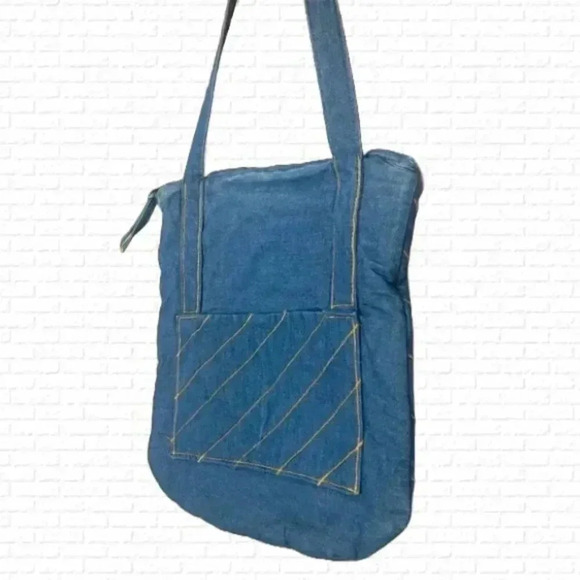 denim shoulder bag, jean tote bag artisan 70s style purse gold stitching boho - Picture 4 of 16